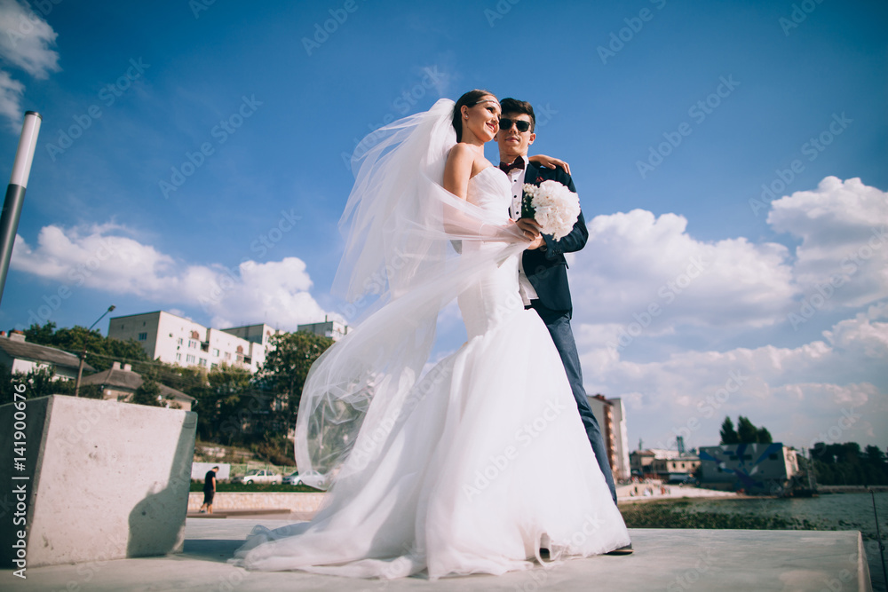 Elegant smiling young bride and groom walking on the beach, kissing and having fun, wedding ceremony near the lake Elegant smiling young bride and groom walking on the beach, kissing and having fun, wedding ceremony near the lake