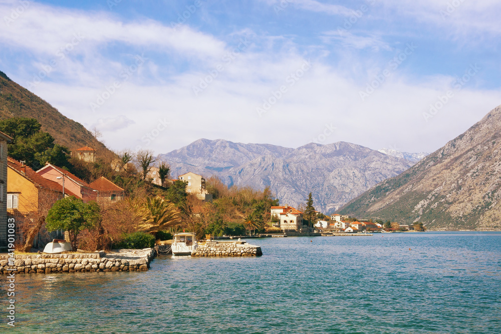 View Bay of Kotor near coastal town of Prcanj. Montenegro