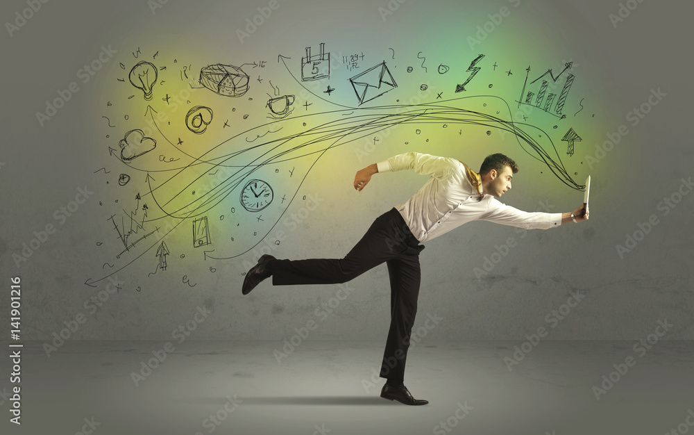 Business man in a rush with doodle media icons Business man in a rush with doodle media icons