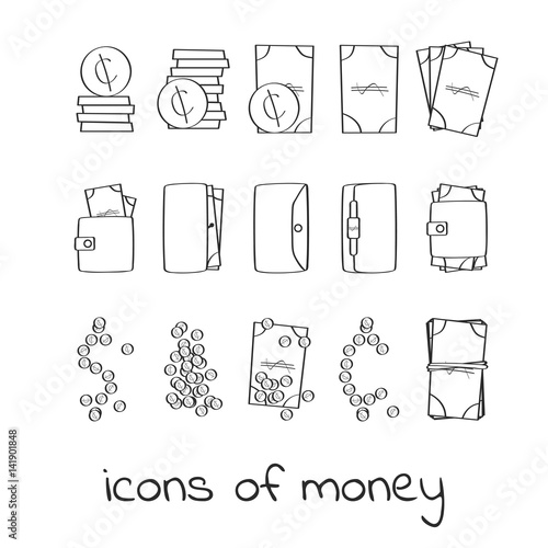 Hand draw money icons. Collection of linear signs of dollars and cents. For web and app design