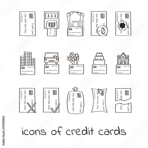 Hand draw credit card icons. Collection of Linear signs of loans. For web and app design