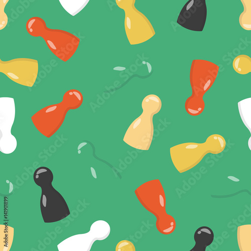 Vector seamless pattern. Bright game pieces. Gaming chips for table games. Stylish and modern pattern on a green background