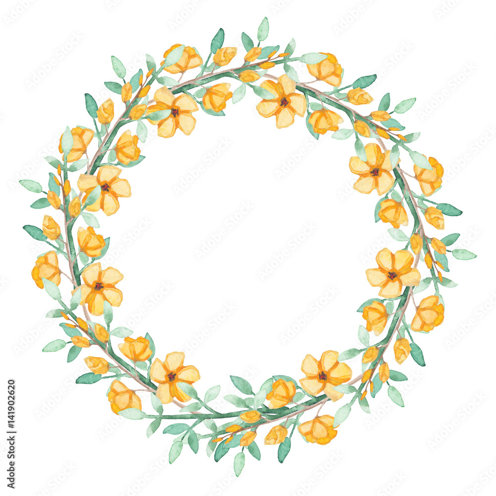Wreath With Watercolor Yellow Flowers and Green Herbs