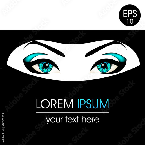 Beautiful Woman's eyes in niqab. Vector illustration. Realistic blue eyes with chic eyelashes