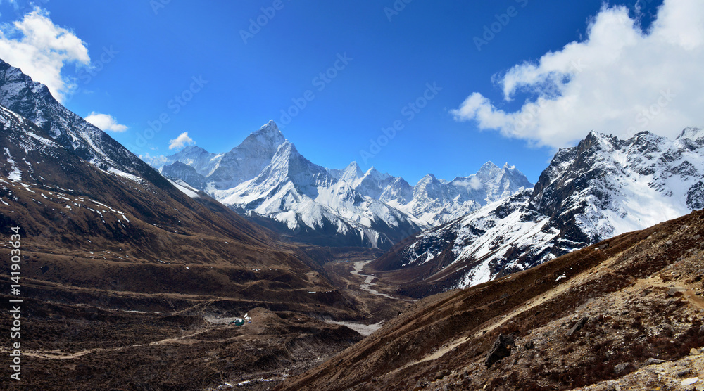 Beautiful panoramic view of the valley and Ama Dablam mountain on the way to Everest base camp, Nepal.