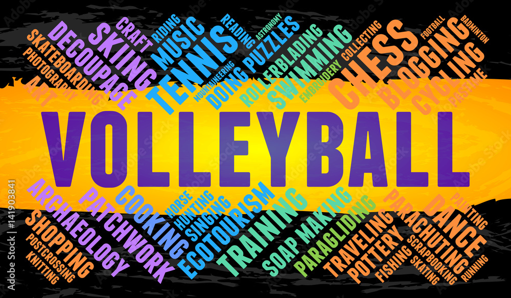 Volleyball. Word cloud, multicolor font, yellow stripe, grunge