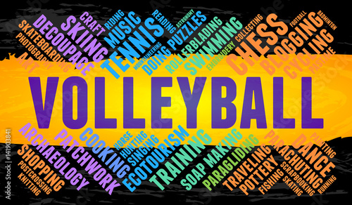 Volleyball. Word cloud, multicolor font, yellow stripe, grunge background. Hobby.