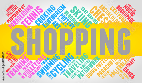 Shopping. Word cloud, multicolor font, yellow stripe, grey gradient background. Hobby.