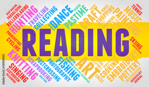 Reading. Word cloud, multicolor font, yellow stripe, grey gradient background. Hobby.