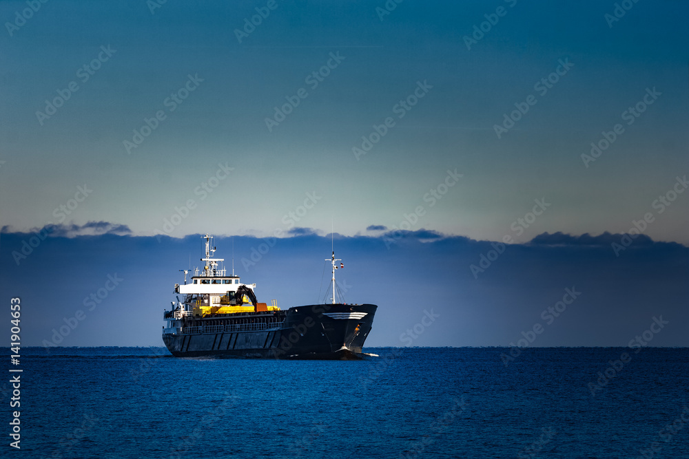 Black cargo ship with long reach excavator moving by baltic sea