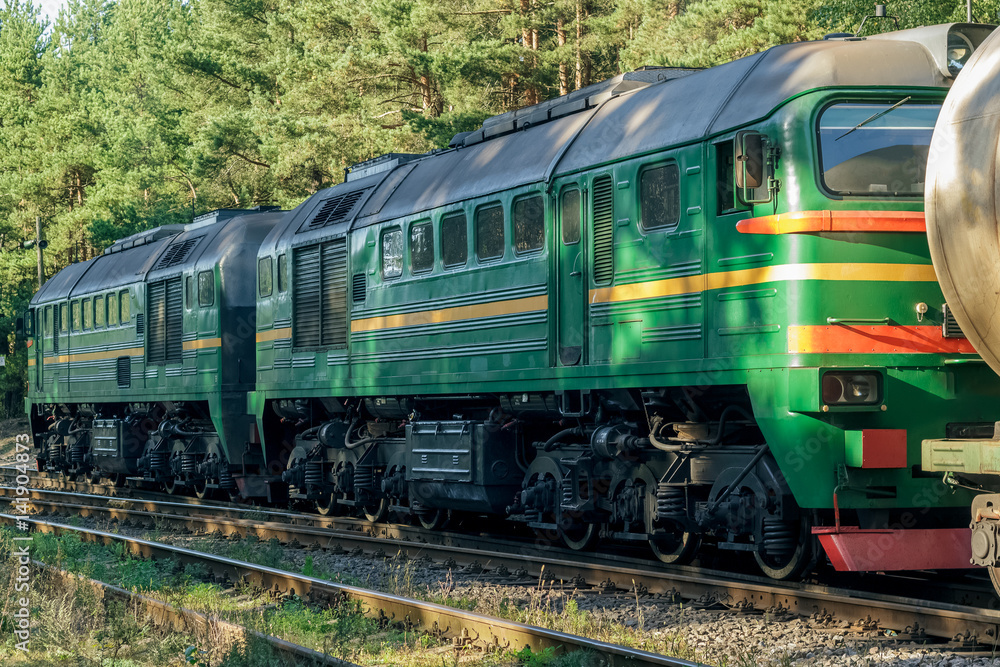 Obraz premium Green diesel cargo locomotive in forest