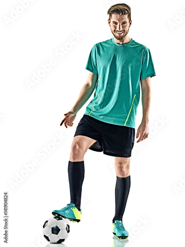 one caucasian soccer player man standing smiling with football isolated on white background