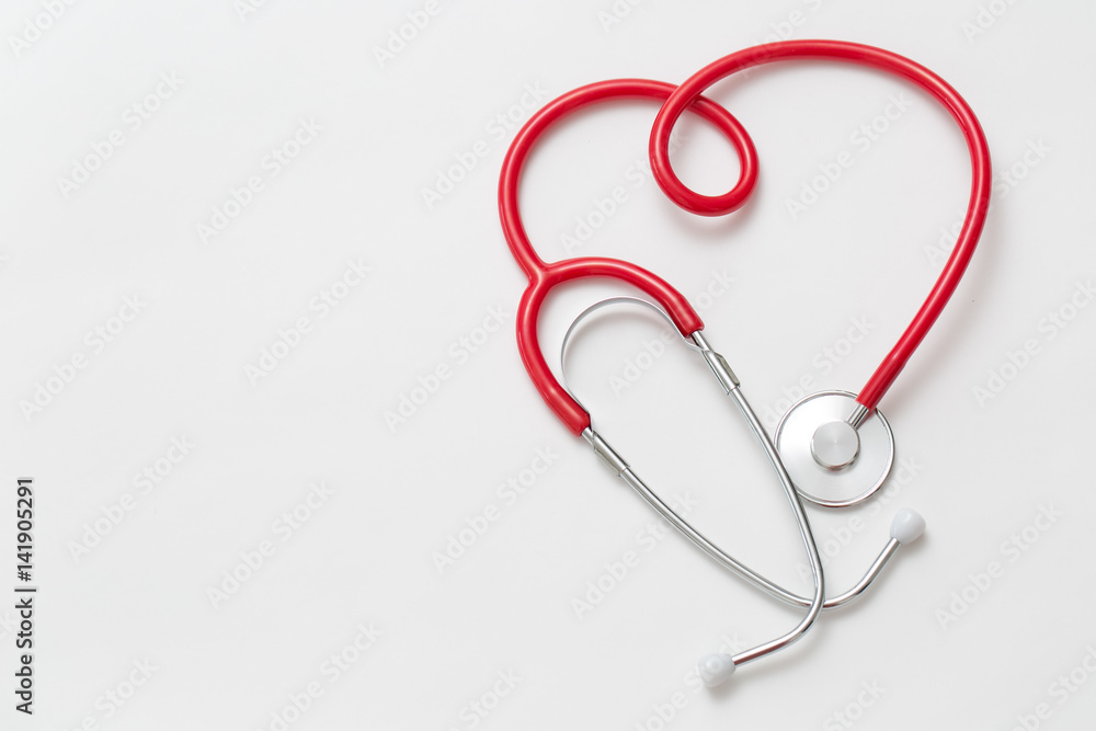 Red Stethoscope in Shape of Heart Isolated On White Background.