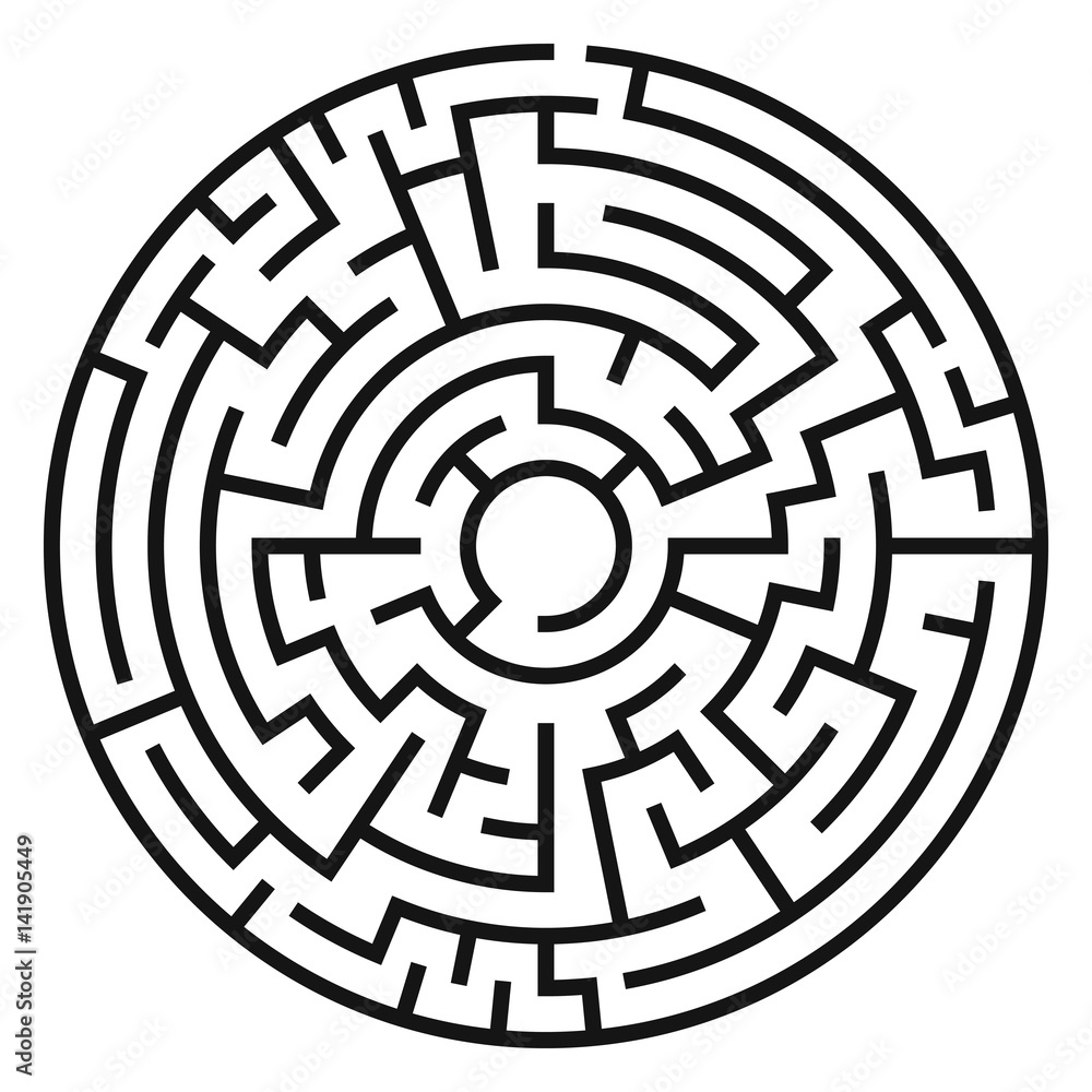 Circle Maze. Labyrinth with Entry and Exit. Find the Way Out Concept. Vector Illustration. Circle Maze. Labyrinth with Entry and Exit. Find the Way Out Concept. Vector Illustration.
