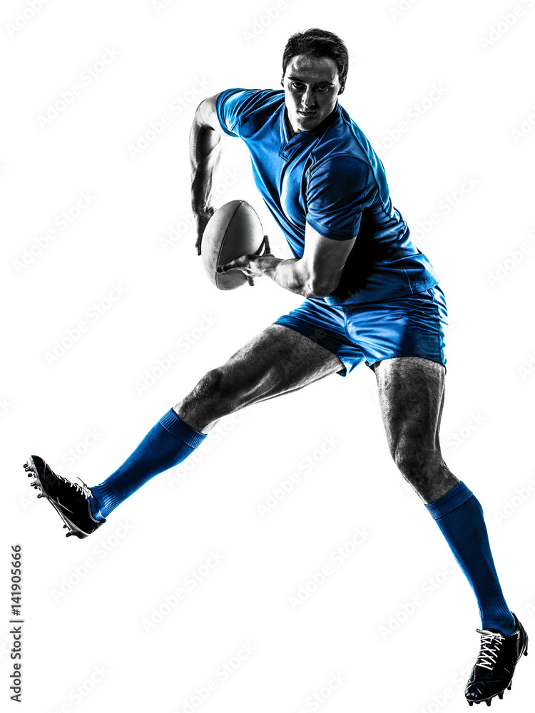 one caucasian rugby man player silhouette isolated on white background one caucasian rugby man player silhouette isolated on white background