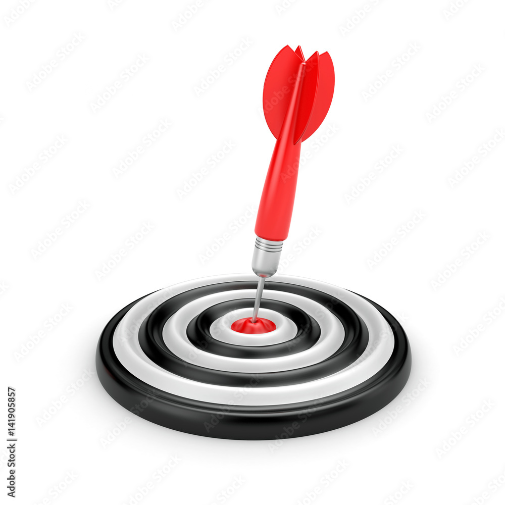 Red dart arrow in the target center of dartboard. 3d illustration Red dart arrow in the target center of dartboard. 3d illustration