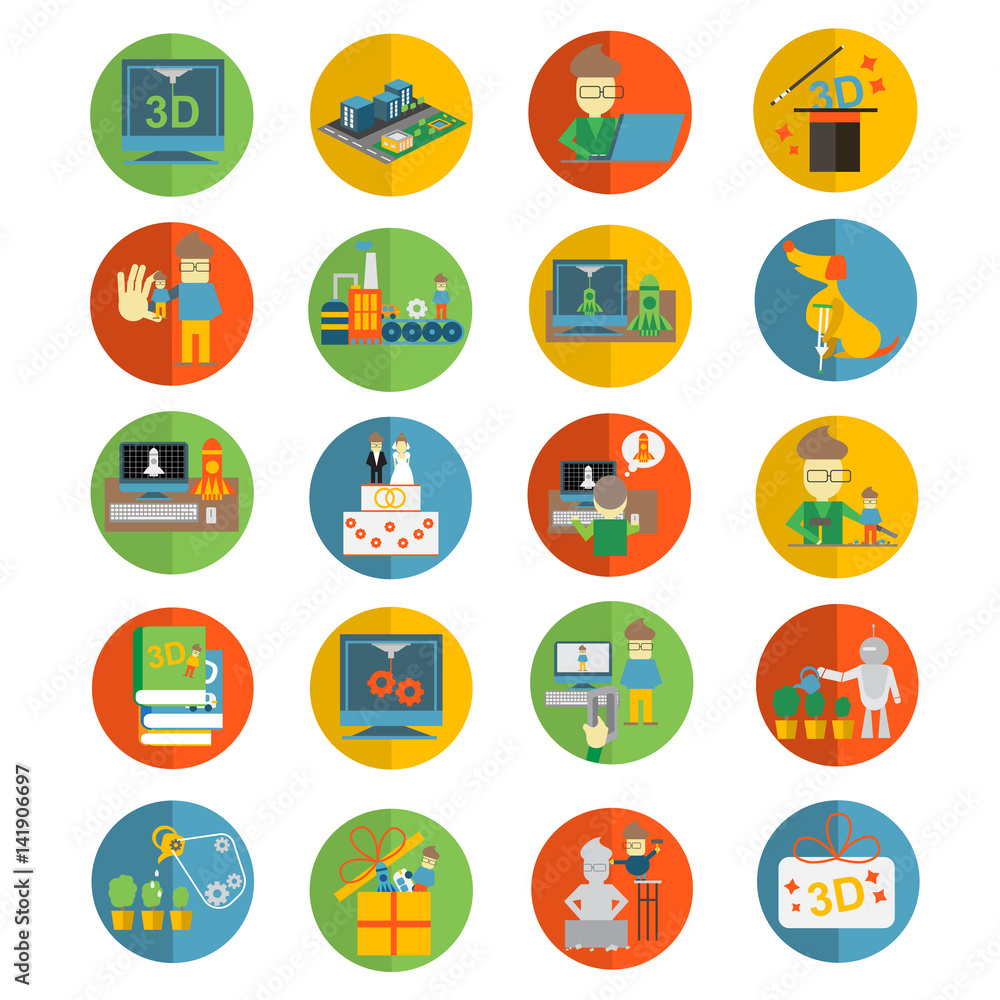 Printer 3d flat icons set for Sculpturing, creation of figurines and souvenirs Printer 3d flat icons set for Sculpturing, creation of figurines and souvenirs