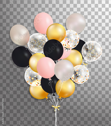 Bunch of silver, pink, black,gold helium balloon isolated in the air . Frosted party balloons for event design. Party decorations for birthday, anniversary, celebration. Shine transparent balloon.