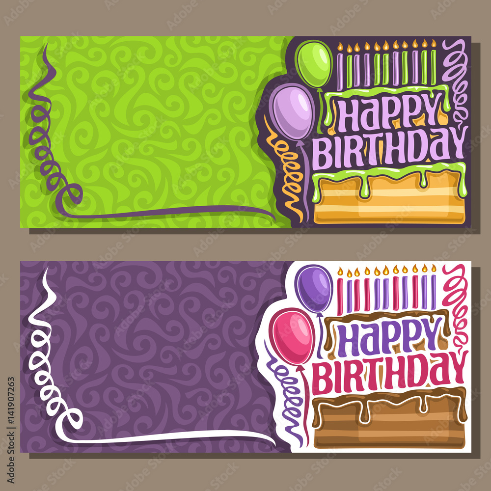 Vector cards Happy Birthday curly streamers, 11 burning candles on