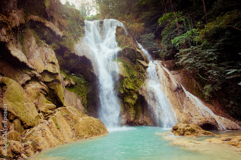 Kuangsi  waterfall in deep forest in Laos