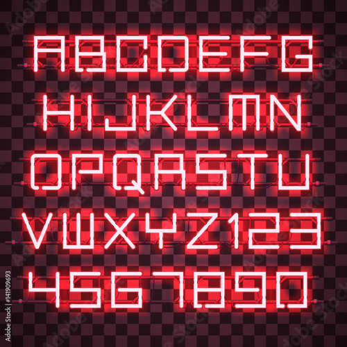 Glowing red Neon Alphabet with letters from A to Z and digits from 0 to 9 with wires, tubes, brackets and holders. Shining and glowing neon effect. Every letter or digit is separate unit.