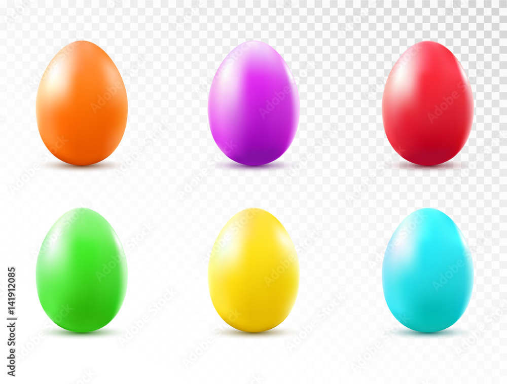 Colorful eggs set isolated on transparent background. Easter object template. Vector illustration.