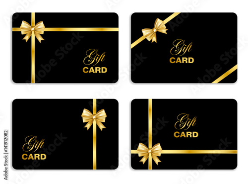 Black gift card set with gold bow. Vector illustration.
