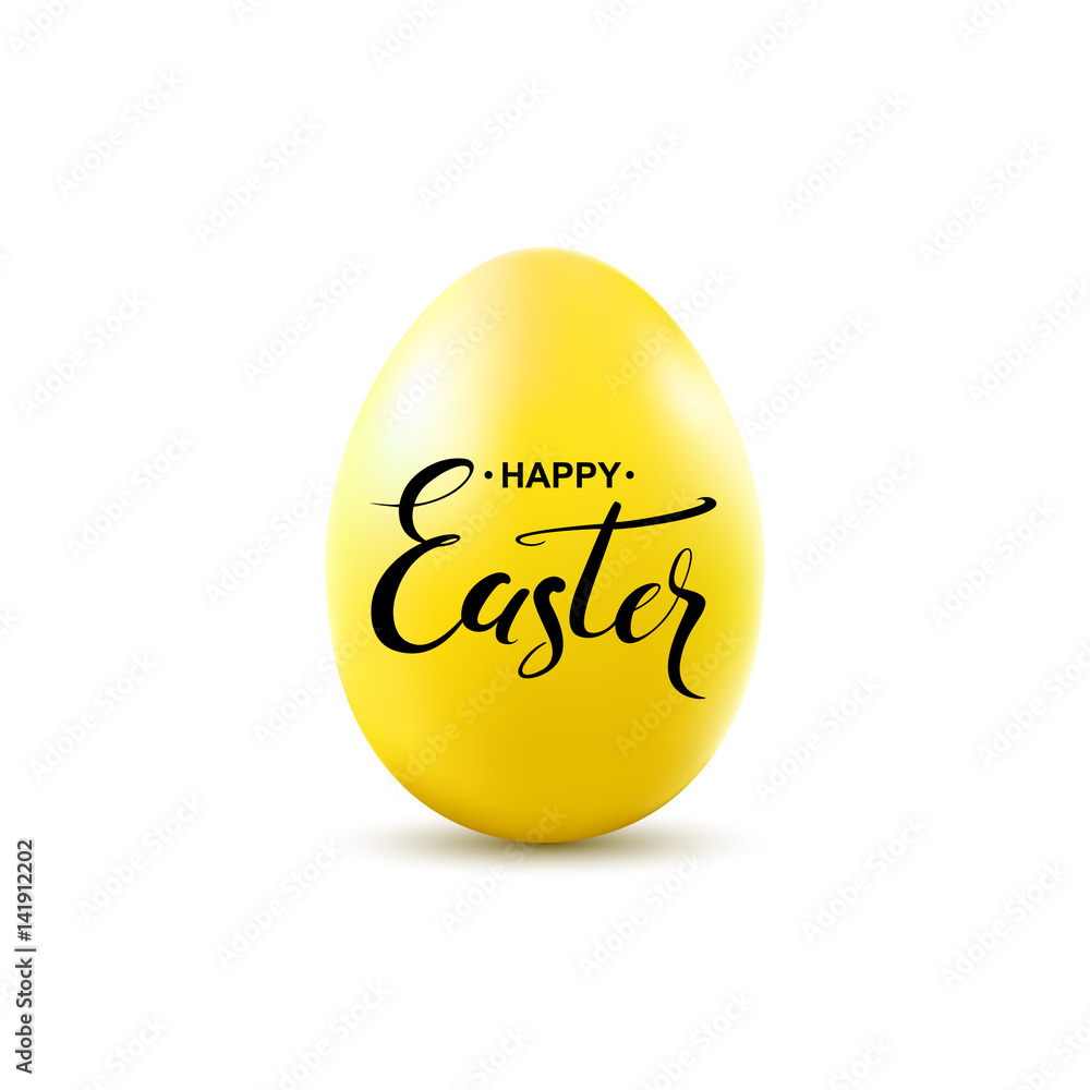 Happy Easter handwritten calligraphy lettering on yellow egg isolated on white background. Vector illustration.