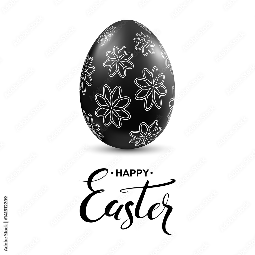 Black egg with flower pattern and handwritten calligraphy lettering. Happy easter card template. Vector illustration. Black egg with flower pattern and handwritten calligraphy lettering. Happy easter card template. Vector illustration.