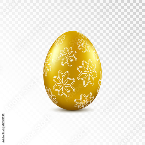 Gold easter egg with flower pattern isolated on transparent background. Vector illustration.