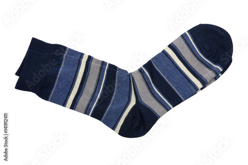 Pair of socks with blue, white, black and grey stripes isolated on white background. Close up, high resolution