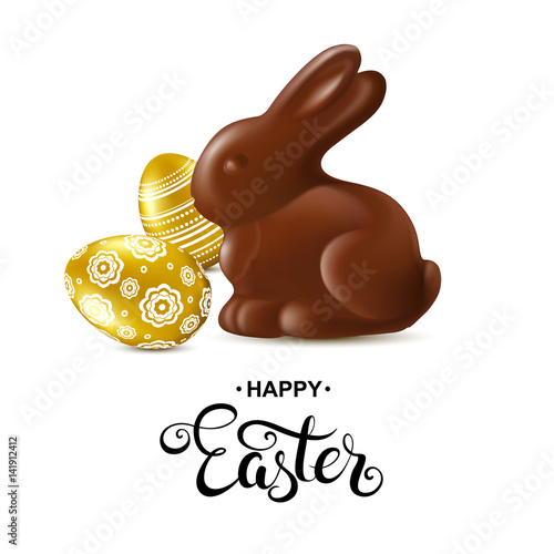Happpy easter card with handwritten calligraphy lettering, chocolate rabbit, gold eggs.  Vector illustration.
