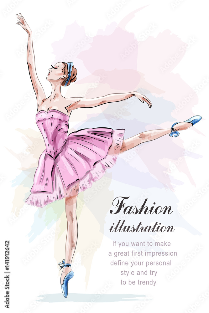 Young and beautiful ballerina posing and dancing in fashion pink dress. Vector illustration. - obrazy, fototapety, plakaty 