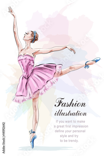 Young and beautiful ballerina posing and dancing in fashion pink dress. Vector illustration.