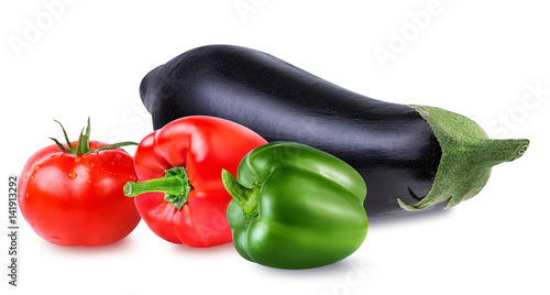 Fresh vegetable eggplants, tomatoes  and  red pepper isolated on white