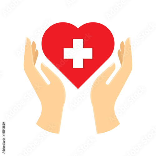 Red heart with cross sign in female hand