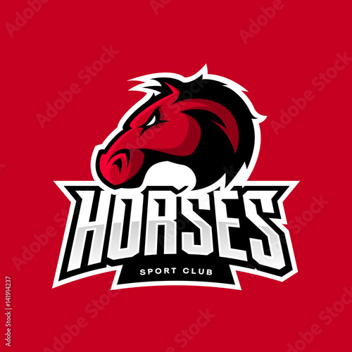 Furious horse sport club vector logo concept isolated on red background. Modern professional team badge design.
Premium quality wild stallion animal t-shirt tee print illustration.