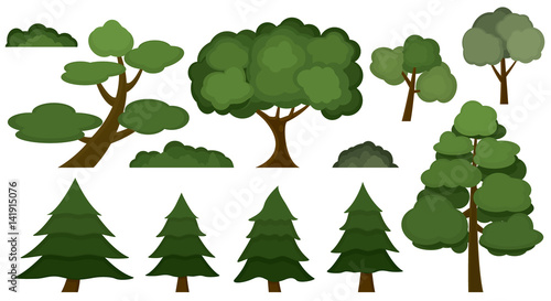 Set of various trees and bushes isolated on white background