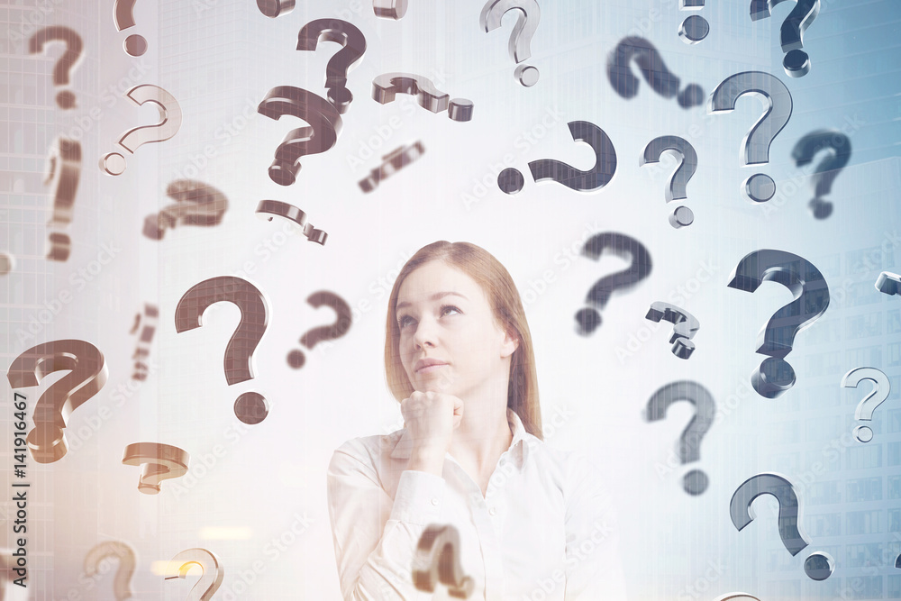 Pensive woman and many questions, toned Pensive woman and many questions, toned