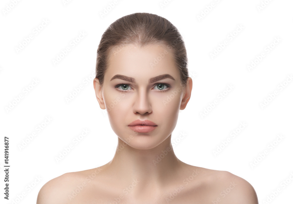 Young woman with beautiful nude makeup on white background Young woman with beautiful nude makeup on white background