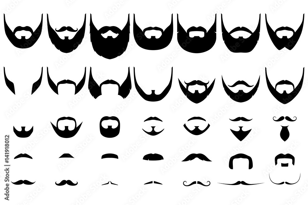 Set of isolated vector facial hair styles on white background. Beards and  mustaches types big collection. Silhouette vintage beard and mustache.  Hipster style emblems, icons, labels. Stock Vector | Adobe Stock