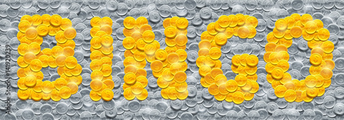 Vector word Bingo made of shiny golden coins on background filled with silver coins.