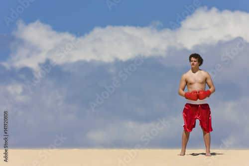 A boxer stands on dunes in the clouds.