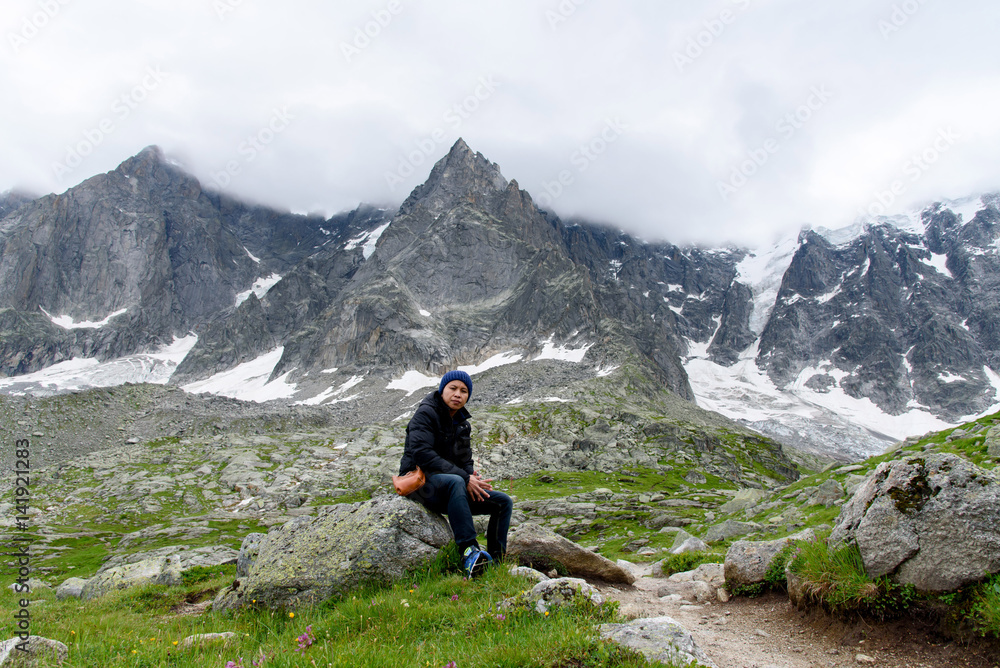 Tourist and Mont Blanc