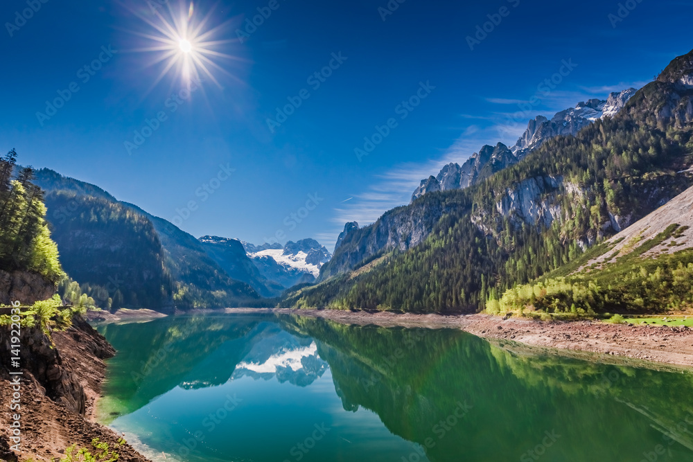 Wonderful dawn at mountain lake in Gosau, Alps, Austria, Europe Wonderful dawn at mountain lake in Gosau, Alps, Austria, Europe