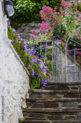 Staircase decorated with flowers in front of residential home in Salcombe  Devon  UK