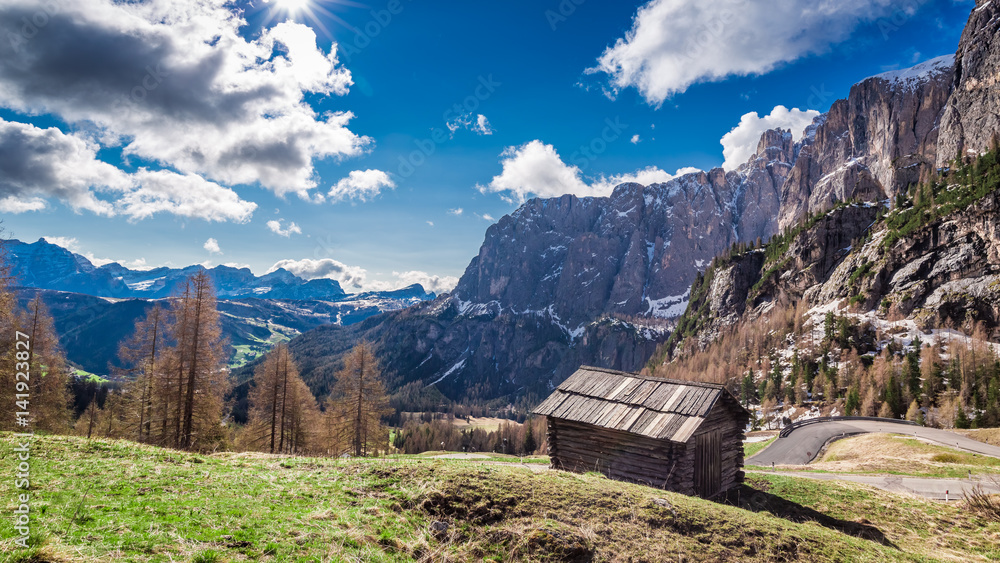 Small old wooden house in the Dolomites, Italy, Europe