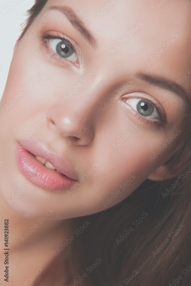 Close up portrait of beautiful young woman face. Isolated on white background. Close up portrait of beautiful young woman face. Isolated on white background.
