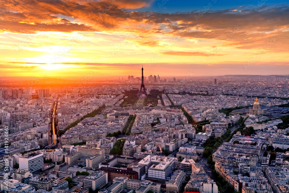 Aerial View of Paris at Sunset, France