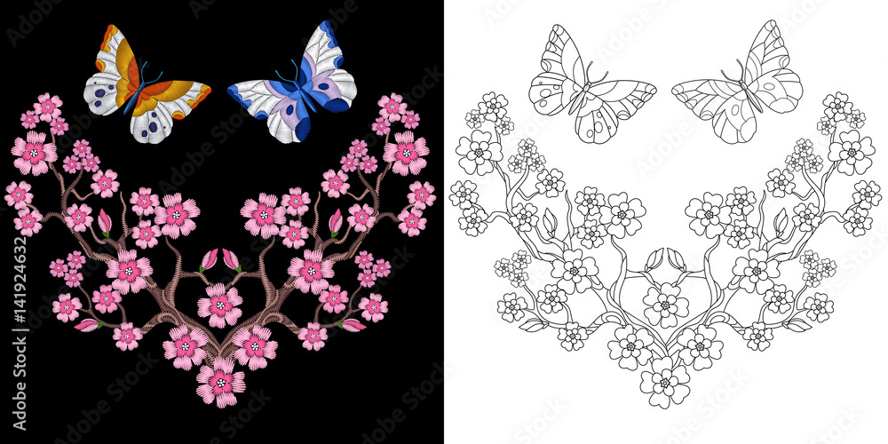 Obraz premium Embroidery butterfly and sakura design. Collection of fancywork elements for patches and stickers. Coloring book page with two butterflies and cherry blossom.